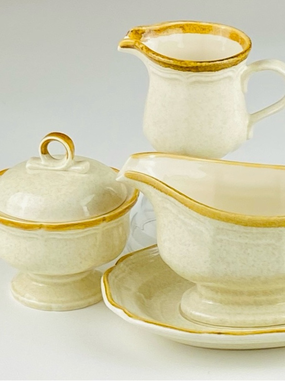 Mikasa Cream Ceramic Gravy Boat, Creamer & Lidded Sugar with Gold Trim